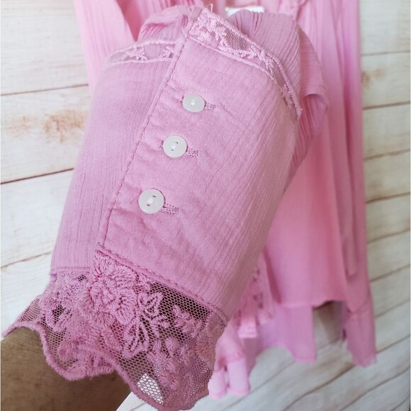 Free People 100% Cotton Clemence Buttondown Blouse Shirt Pink Size Medium - Picture 8 of 13